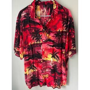 Men's XL Design in Italy Hawaiian Shirt Short Sleeve Rayon Palms Boats Sunset